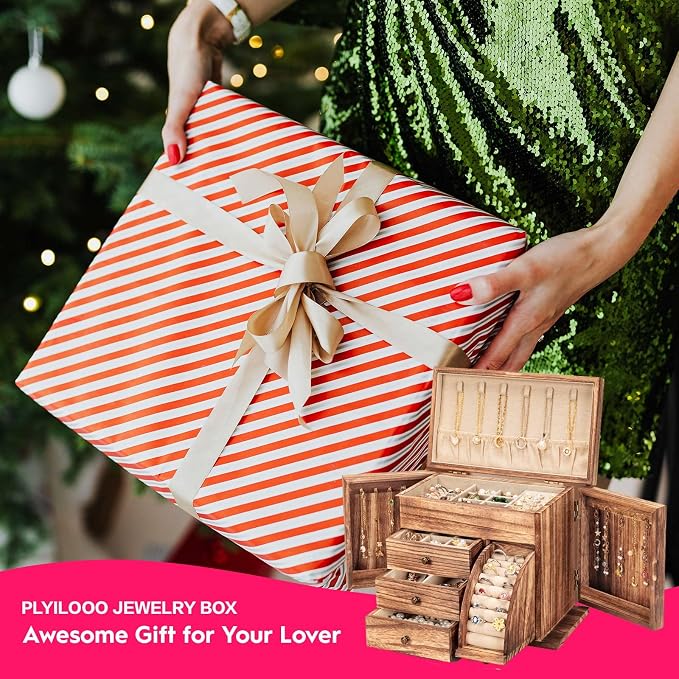 Poyilooo Jewelry Box Organizer, Solid Wood Jewelry Boxes for Women for Storage & Display Necklace Ring Earring Bracelet, Rustic Style Jewelry Organizer Box for Women Gifts (Carbonized Brown) - Image 5