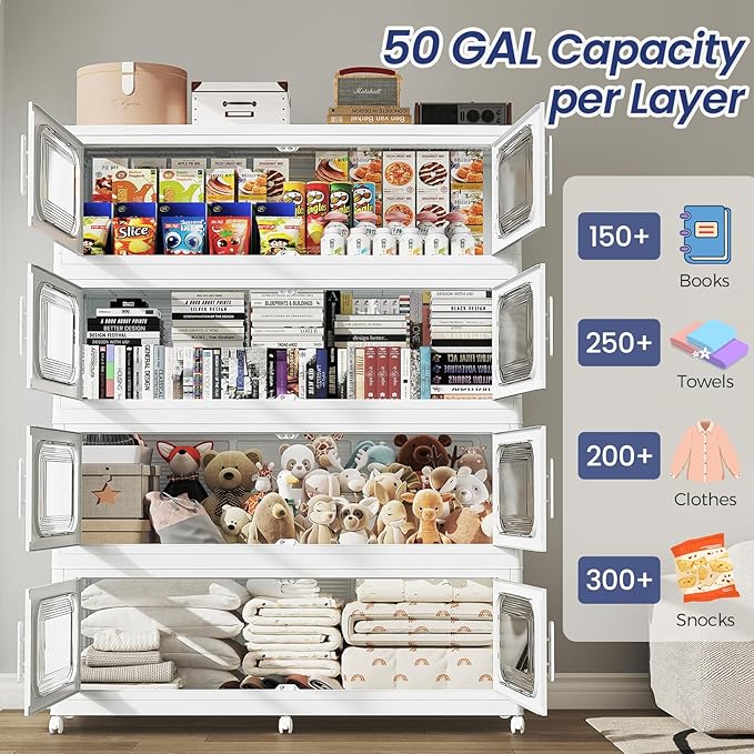 200Gal Extra Large Stackable Storage Bins with Lid & Wheels & Doors, 200QT/50GAL 4-Tiers Collapsible Closet Organizers Plastic Containers Drawers Boxes for Home Kitchen Bedroom, White