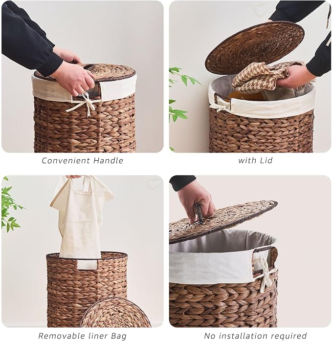 Round Water Hyacinth Laundry Hamper with Lid Handwoven Wicker Basket with Handles for Dirty Clothes, Storage, and Organization Ideal for Bedroom, Bathroom, and Laundry Room, No Assembly Required, 2Pcs - Image 3