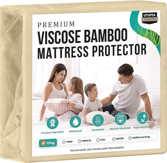 Utopia Bedding Premium Waterproof King Size Mattress Protector, Viscose Made from Bamboo Mattress Cover, Breathable, Fitted Style with Stretchable Pockets (Beige)