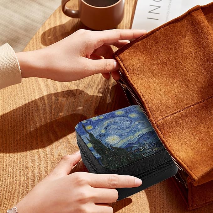 Travel Size Jewelry Case Personalized Jewelry Storage Box Portable Jewellery Box Organiser Jewellery Holders for Ring Necklace Bracelet Earring Women Gifts Van Gogh Starry Night Blue Black - Image 6