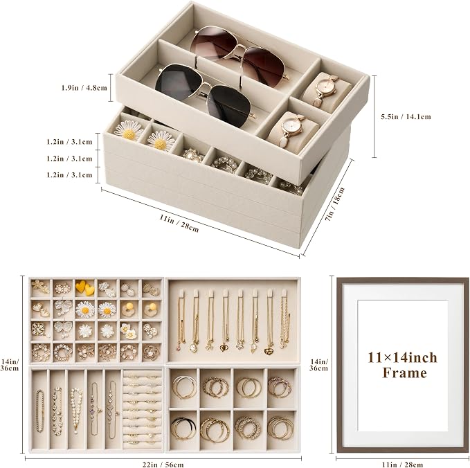 Velvet Jewelry Drawer Organizer Trays – Large Beige Stackable Jewelry Storage Inserts Set, 4-Layer Jewelry Tray Set for Earrings, Rings, Necklaces, Bracelets with Removable Dividers for Dresser,Vanity - Image 2