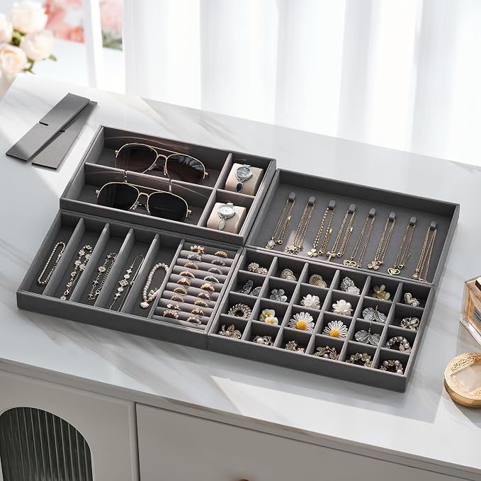 Velvet Jewelry Drawer Organizer Trays – Large Grey Stackable Jewelry Storage Inserts Set, 4-Layer Jewelry Tray Set for Earrings, Rings, Necklaces, Bracelets with Removable Dividers for Dresser, Vanity - Image 5