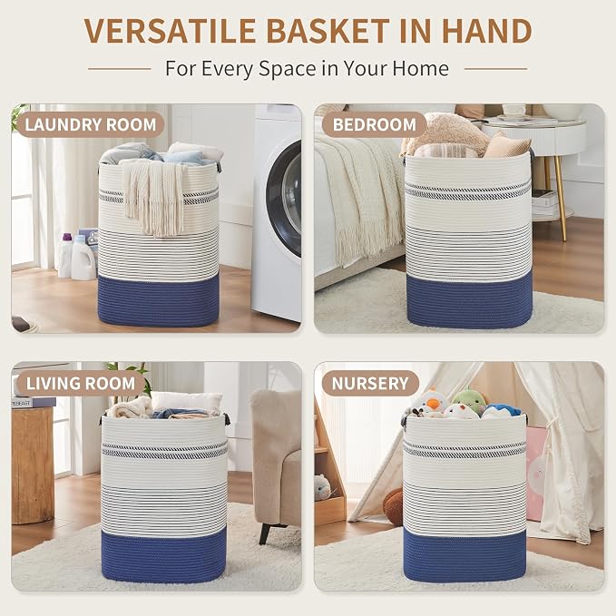 AINUOQI Large Laundry Basket - Tall Woven Rope Laundry Hamper with Leather Handles - Dirty Clothes hamper for Living room, Bedroom, 17" X 13.8" X 22", Dark Blue & White - Image 3