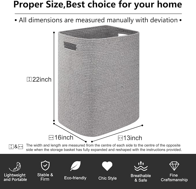 OIAHOMY Laundry Hamper, Laundry Basket，Rectangle Cotton Storage Basket with Handles, Large Blanket Basket for Living room, Woven Decorative Storage for Toys,Clothes,Pillows-16x13x22in-Grey variegated - Image 3