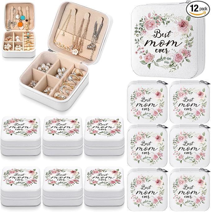 Kacctyen 12 Pieces Best Mom Ever Mini Travel Jewelry Case Bulk Mother's Day Church Gifts Watercolor Flowers Women Party Favor Gift for Secretary Girls Leather Travel Jewelry Case by Kacctyen