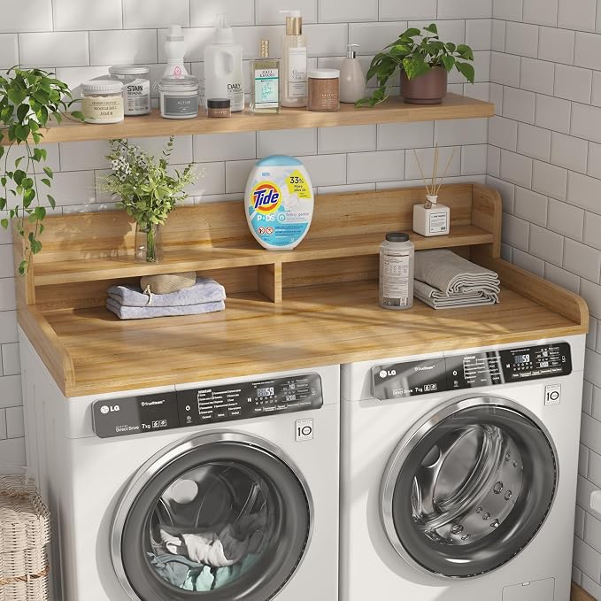2-Tier Washer Dryer Countertop with 2.75" H Edge Rails, 58" W x 28" D Laundry Countertop for Folding Clothes, Washer and Dryer Topper with Non-Slip Pad (Pure Wood Color) - Image 2