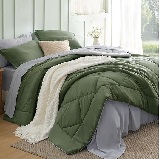 Bedsure Full Size Comforter Set - 7 Pieces Reversible Olive Green Bedding, Full Size Bed Set for All Seasons, Bed in a Bag with Down Alternative Comforter, Sheets, Pillowcases & Shams