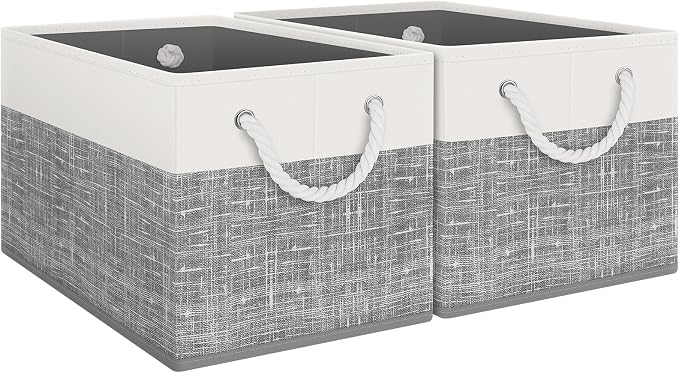Fab totes Storage Bins [2-Pack], Foldable Storage Baskets for Organizing Toys, Books, Shelves, Closet, Large Storage Box with Rope Handles, Sturdy Organizer Bins, White & Grey by Fabtotes