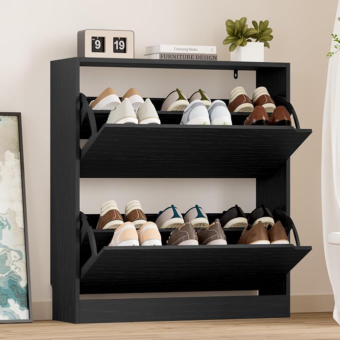 BORNOON Shoe Cabinet with 2 Flip Drawers, Slim Narrow Shoe Storage Cabinet, Freestanding Shoe Organizer with Adjustable & Removable Shelves, Top Display Shelf for Entryway, Hallway, Foyer, Closet by BORNOON