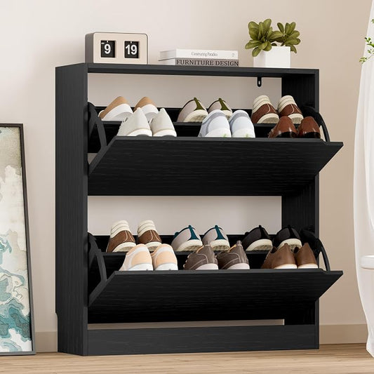 BORNOON Shoe Cabinet with 2 Flip Drawers, Slim Narrow Shoe Storage Cabinet, Freestanding Shoe Organizer with Adjustable & Removable Shelves, Top Display Shelf for Entryway, Hallway, Foyer, Closet by BORNOON