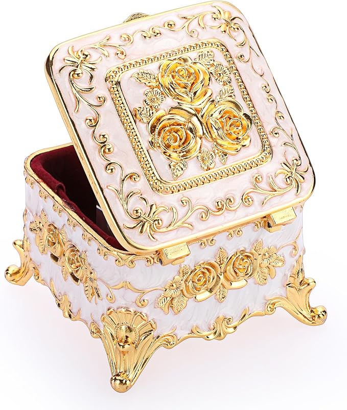 Hipiwe Vintage Jewelry Box Trinket Organizer Enameled Metal Treasure Chest Ring Holder Earrings Storage Case Decorative Keepsake Box Gift for Women, Small 3"x3"x2.4" by Hipiwe