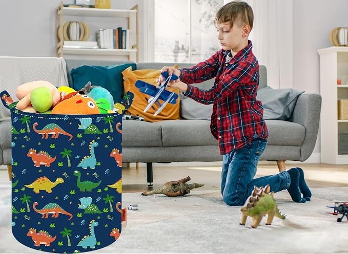 Collapsible Kids Laundry Basket Clothes Hamper, Foldable Storage Organizer Bin, Toy Clothes Storage with Handles for Boys Girls Bedroom, Room Decor Dinosaur - Image 6