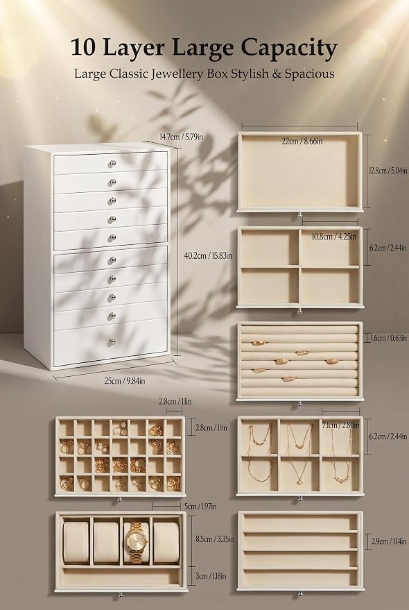 GUKA Large Jewelry Box, Jewelry Case with 10 Drawers for Big and Small Jewelry, Jewelry Storage Organizer for Watch Earrings Necklace Rings Bracelets, Birthday Wedding Gifts, White - Image 4