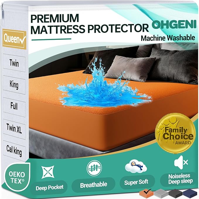 OhGeni 100% Waterproof Mattress Protector, Queen Size Orange, Fitted Sheet with Deep Pockets, 6''-18'', Premium Noiseless Breathable Soft Material, Mattresses Cover for Bed