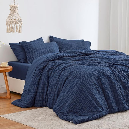 Love's cabin Seersucker Dark Blue Full Comforter Set, 7-Piece All Season Lightweight Bed in a Bag Bedding Set with Comforter, Flat Sheet, Fitted Sheet, Pillowcases and Shams | Soft, Breathable, Lightweight