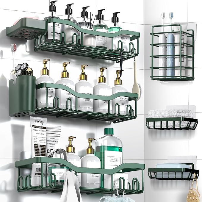 NESOMI Shower Caddy Adhesive Shower Organizer 8-Pack, Rustproof Stainless Steel Bathroom Shelves, Large Capacity No-Drill Rack Storage Accessories with Soap Dish Toothbrush Holder Hooks by OrganizeYourHomeEssentials