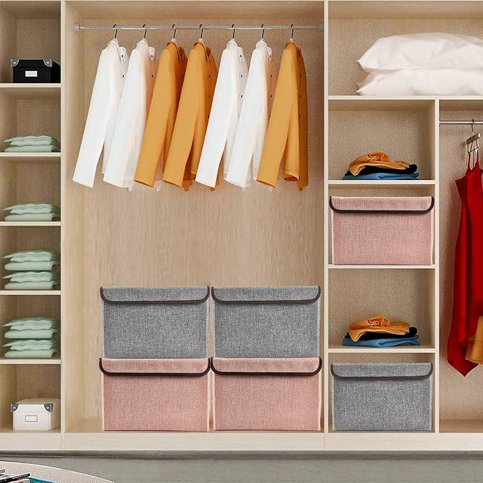 Bagnizer Linen Fabric Foldable Storage Cube Bin Organizer Basket with Flip-Top Lid & Handles, Large Clothes Blanket Box for Home, Office, Closet, Gray & Pink, 4 Pack 14.6 x 9.5 x 9.5” - Image 7