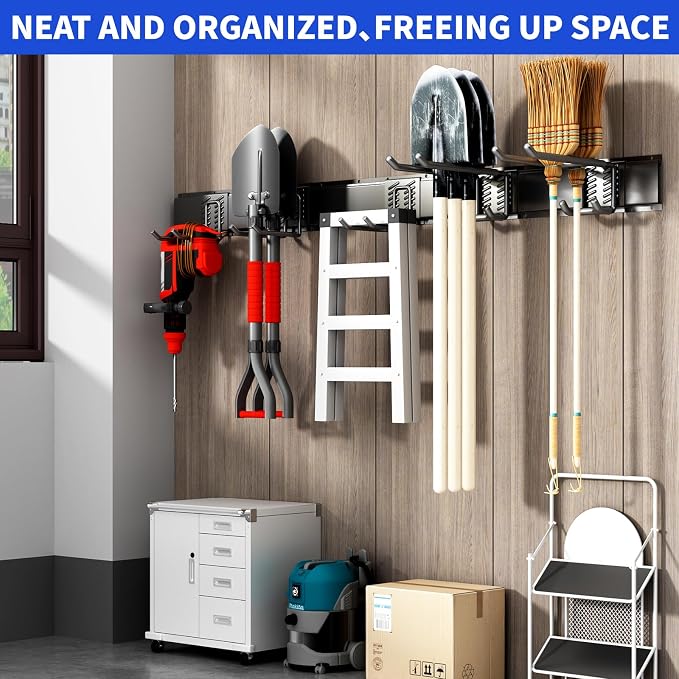 Garden Tool Organizer Wall Mount, 48inch Heavy Duty Garden Tool organizer Storage System, Easy Install With 7 Adjustable Hooks, For Garage, Basement, Shed, Workshop(Black) - Image 6