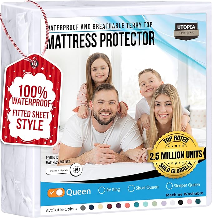 Queen Size Mattress Protector Waterproof, Premium 200 GSM Terry Mattress Cover, Soft & Breathable Bed Cover, Fitted Sheet Style Stretchable Deep Pockets 17" by Utopia Bedding (White)