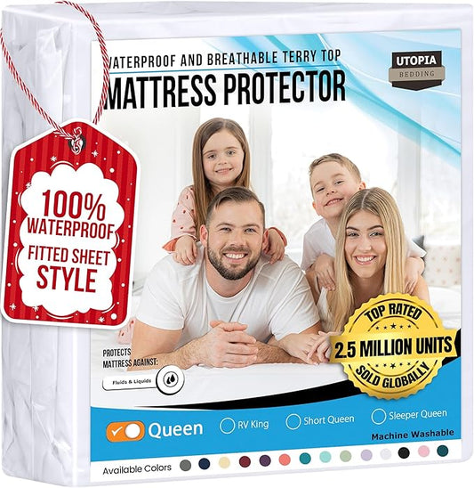 Queen Size Mattress Protector Waterproof, Premium 200 GSM Terry Mattress Cover, Soft & Breathable Bed Cover, Fitted Sheet Style Stretchable Deep Pockets 17" by Utopia Bedding (White)