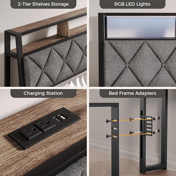 Full Headboard Only, Headboard for Full Size Bed with Storage, Upholstered Headboards with LED Lights & Charging Station, Attach Frame, Ideal for Bedroom/Dorm/Guest Room, Dark Grey & Brown