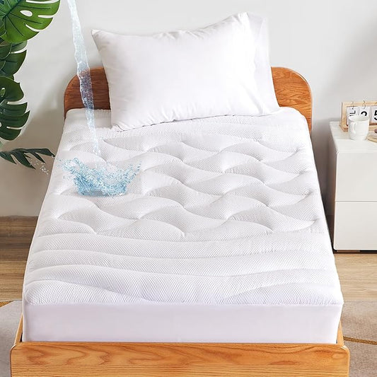 SLEEP ZONE Waterproof Mattress Pad Twin XL, Breathable Mattress Topper Quilted Fitted Cover Protector with Deep Pockets fits 8-21 inch, White