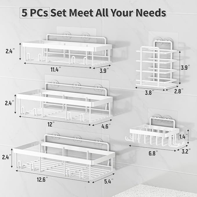 Liuoud 5 Pack Shower Caddy Organizer Rack Shelf for Inside Shower, Self Adhesive Wall Storage Basket Rustproof Stainless Steel Shampoo Holder Bathroom Accessory Decor Set, White - Image 2