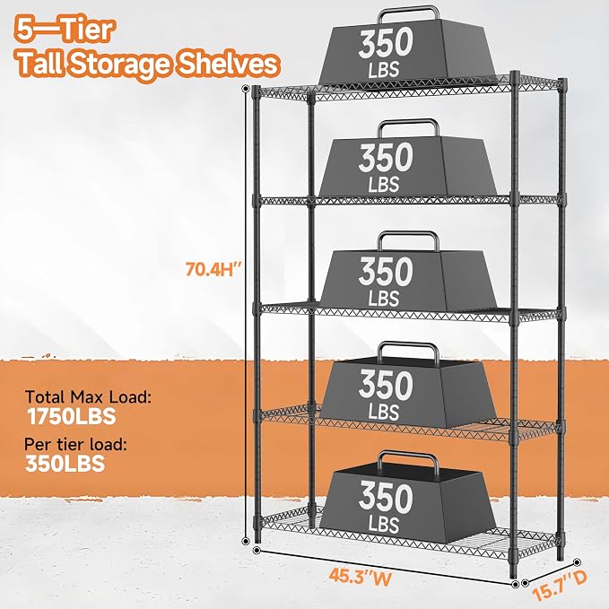 M MZG 5 Tiers Shelf Metal Storage Shelves Standing 1750 LBs Household Shelf Organizer for Kitchen Pantry Closet Garage Basement Utility Room, Black15.7 D x 45.3" W x 70.4" H - Image 3