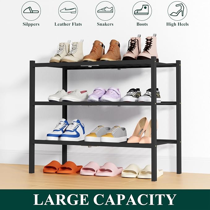 Smiry Shoe Rack, 3 Tier Thick Bamboo Shoe Organizer, Stackable Free Standing Wooden Shoe Storage Shelf for Closet, Entryway, Front Door Entrance, Black - Image 6