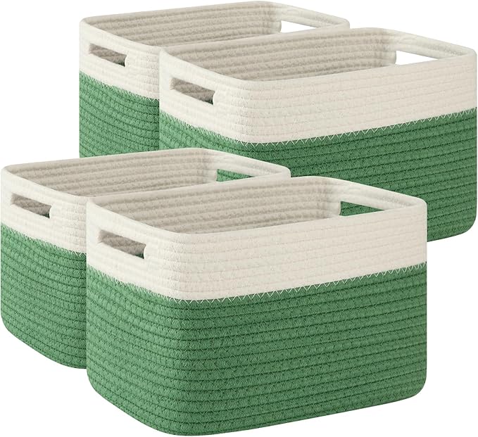 OIAHOMY 4 Pack Storage Baskets for Organizing, Basket for Shelves with Handle, Woven Baskets for Storage Toys, Towels, Books, Cotton Rope Basket 13" L x 9 " W x 7.8 " H, Olive Green & White by MasterofSpaceOptimization