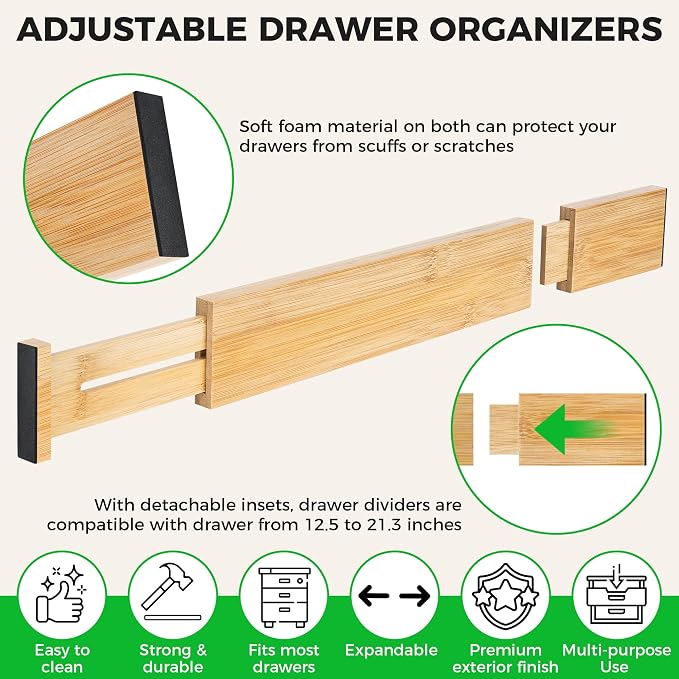 4 Pack Bamboo Drawer Dividers Organizer with Inserts 2.6'' High, Expandable from 12.5-21.7", Adjustable Drawer Organizer Separators for Utensils, Clothing, Office, Dresser, Bedroom, (Beige) - Image 4