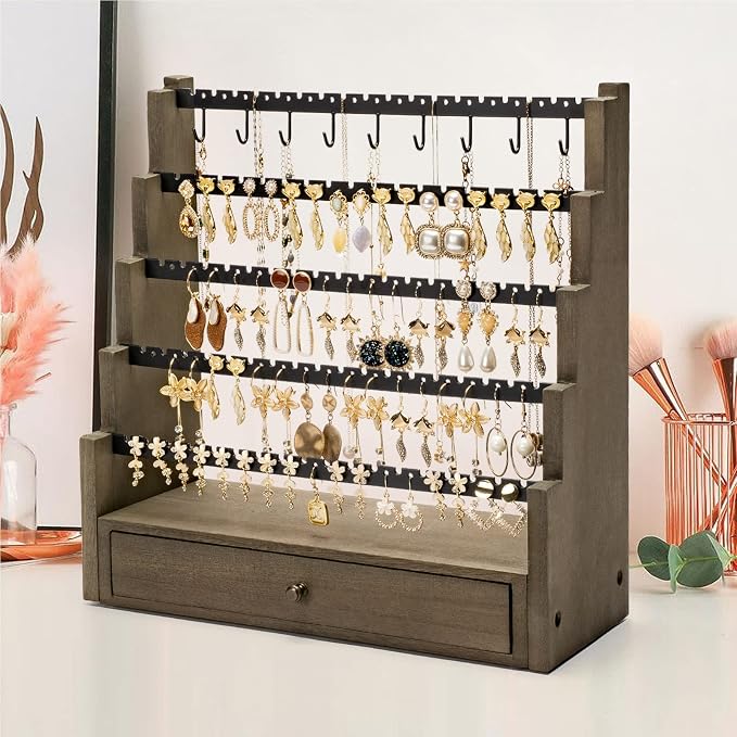 Pinzoveco Earring Organizer, 5 Layer Earring Holder Organizer with Necklace Holder Pole, Rustic Wood Jewelry Organizer Stand Display for Stud Earring Bracelet Necklace Ring, 175 Earring Holes - Image 2