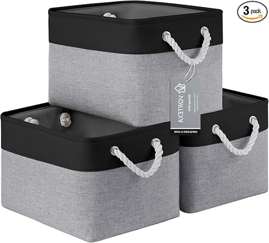 Large Storage Baskets- 15x11x10 inch Storage Bins for Shelves and Closet Organizing, Foldable Fabric Bin for Home Organization Clothes and Laundry (3-Pack, Black&Gray) by VQRTEXAStorageBasket