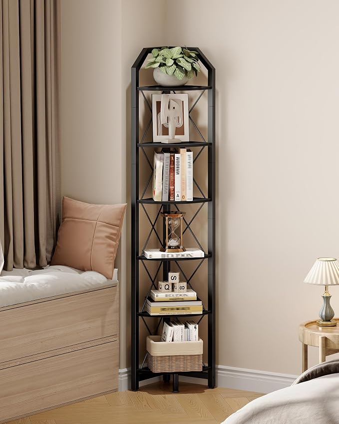 CHOEZON 6-Tier Corner Shelf, Industrial Corner Bookshelf, 71.2" Display Storage Stand, Plant Stand Display Shelf, Tall Bookcase for Bedroom, Living Room, Home Office, Black TCJ11BB - Image 3