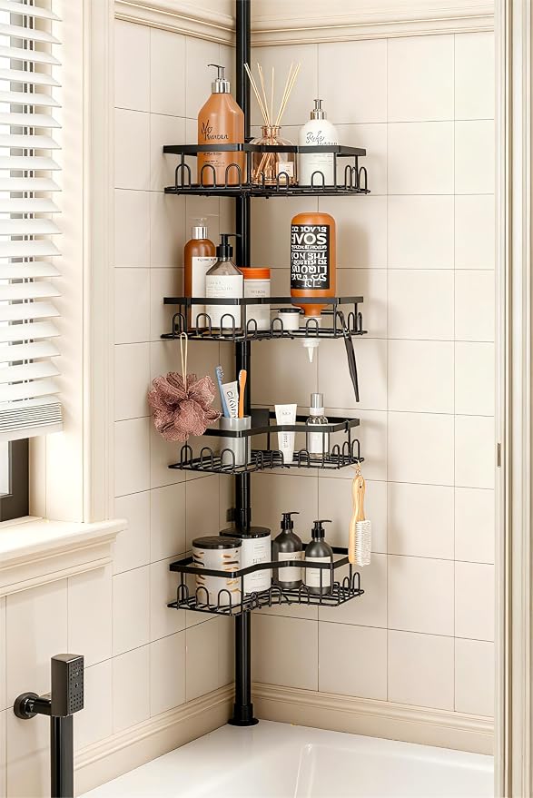 Corner Shower Caddy Tension Pole - 4-Tier Shower Corner Shelf for Bathtub Bathroom Shower Organizer - Adjustable 34in-120in, Space Saving Bathtub Accessory Shelves, Black by Unknown