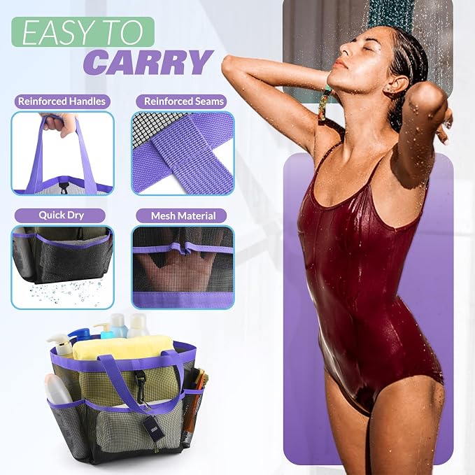 LOYEE Mesh Shower Caddy Portable for College Dorm Room Essentials with 8 Pockets, Shower Bag for Beach, Swimming, Gym, Travel, Bathroom(Purple) - Image 4