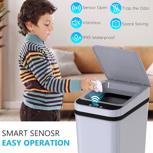 jinligogo 3Pack Bathroom Small Trash Can with Lid, 2.6 Gallon Touchless Automatic Garbage Can Slim Waterproof Motion Sensor Smart Trash Bin for Bedroom, Office, Living Room White/Black/Grey - Image 2