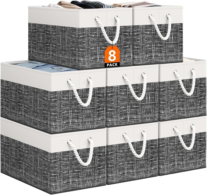 StorageTastic Storage Bin,Collapsible Storage Basket For Organizing,Large Storage Boxes With Rope Handles,Storage Containers,White & Black,8 Pack by StorageTastic