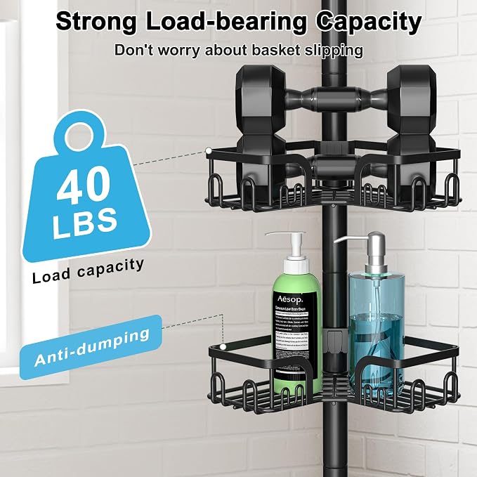 Corner Shower Caddy Tension Pole 4 Tier Adjustable Stainless Steel Shower Shelf for Inside Shower Bathtub Shampoo,Standing Bathroom Organizer Shelves with 39 to 113 inch Height - Image 4