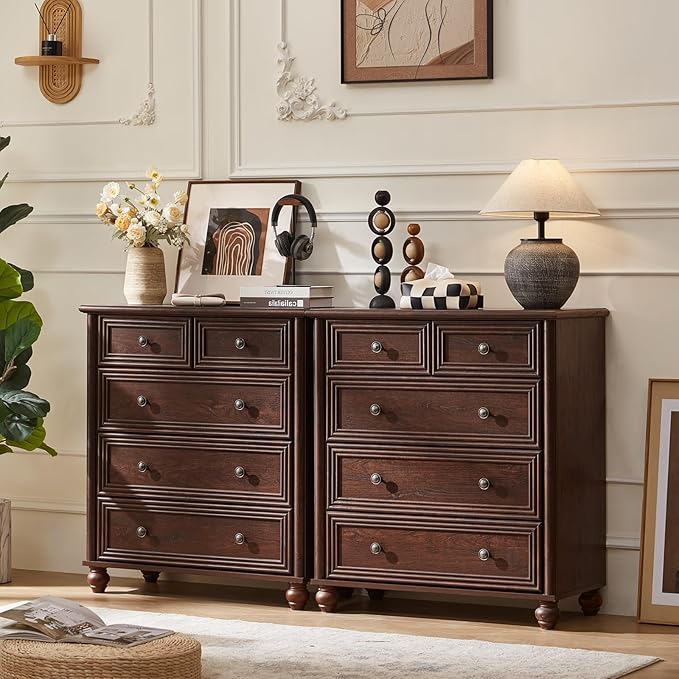 RWYHG Farmhouse 5 Drawer Dresser Set of 2 for Bedroom, 35.5" Walnut Tall Small Dressers & Chest of Drawers, Rustic Wood Dresser with Roman Column, Storage Organizer for Living Room, Hallway, Closet