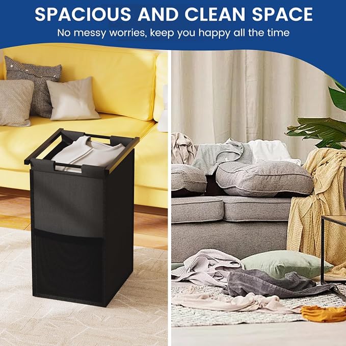 Huhote Double Compartment Laundry Basket, Laundry Sorter with Top Shelf, 2 Removable Washable Bags, Side Pockets, Black & White - Image 8