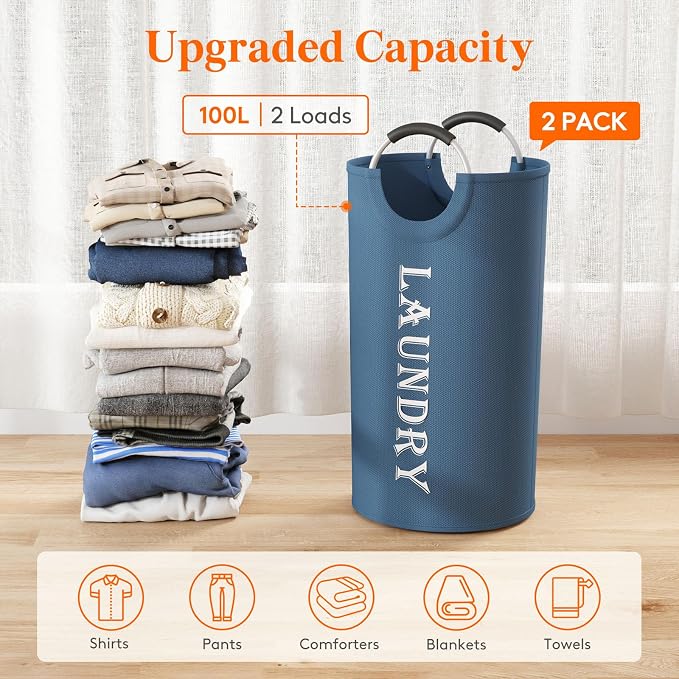 Lifewit 100L 2-Pack Large Laundry Basket, Collapsible Laundry Hamper with Aluminum Handles, Waterproof Freestanding Dirty Clothes Hampers for Laundry Room Bedroom Dorm Bathroom, Blue - Image 4