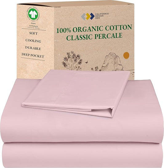 California Design Den Soft 100% Organic Cotton Sheets Twin XL Size Set - Soft and Crisp Percale, Twin XL Sheet Sets with Deep Pockets, Breathable and Durable Bedding (Pink - Chalky Tone)