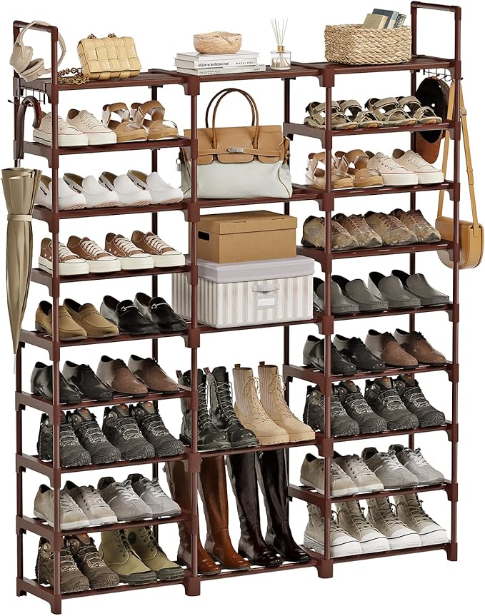 WOWLIVE 9 Tiers Shoe Rack Shoe Storage Shoe Organizer 30-35 Pairs Shoe Tower Unit Shelf Durable Metal Pipes with Plastic Connectors Stackable Cabinet Brown by WOWLIVE