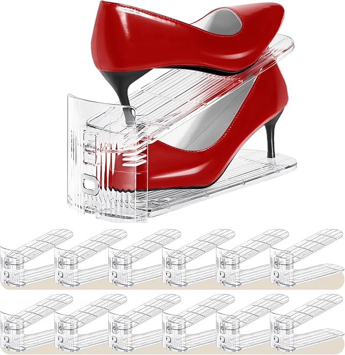 Shoe Slots Organizer 12 Pack - Shoe Stacker,3 Levels Adjustable,Space Savers 50%,Double Layer Holders for Closet (Transparent),Organizador de Zapatos by Tgzwme