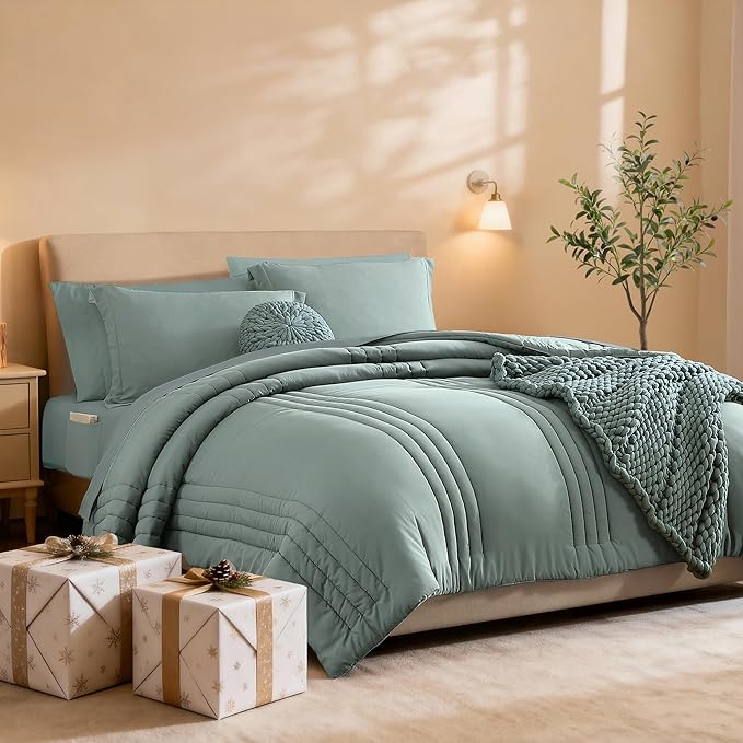 Monbix Super King Plus Size Comforter Set - 7 Pieces Sage Green Bed in a Bag Super King Plus Bedding Sets with Comforters, All Seasons Comforter Bed Set with Sheets,Pillowcases & Shams