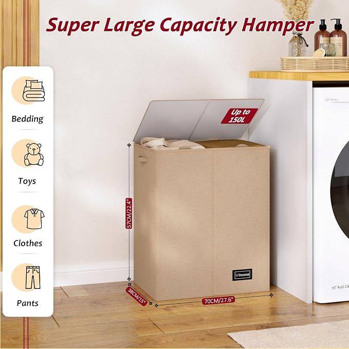 150L Laundry Hamper 2 Section, Large Laundry Hamper with Lid, Dirty Clothes Hamper with 2 Removable Inner Bags, Collapsible Laundry Basket Organizer for for Clothes Toys Towels, Hamper 2 Compartment - Image 2