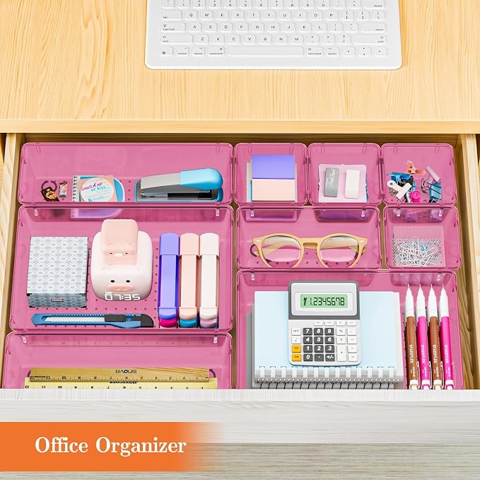SpaceHacks 25 PCS Plastic Drawer Organizer Set, 4-Size Versatile Organizer Trays & Storage Bins for Makeup, Jewelry, and Gadgets in Bathroom, Bedroom and Office, Clear Pink - Image 7