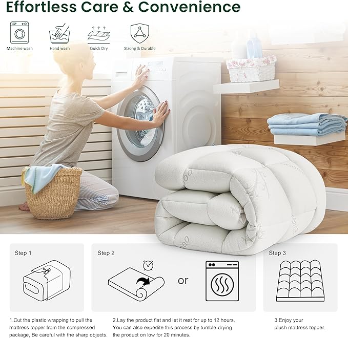 Love's cabin Queen Mattress Topper Viscose Derived from Bamboo, Thick Pillow Top Mattress Pad with Stretchable Pockets for 8"-20" Mattress, Soft Breathable Cooling Mattress Topper for Hot Sleepers